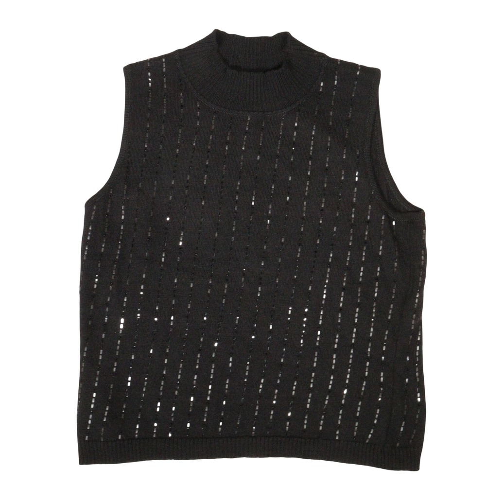Vintage Y2K Sleeveless Sweater Sequin Shiny Mock Neck Black Wool USA Women 14